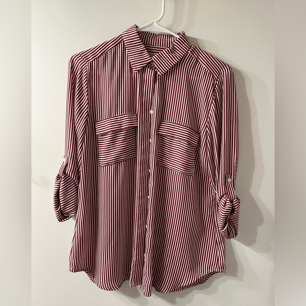 LOFT Women’s Striped Button-Up. Small. Dark red & white. Adjustable sleeves